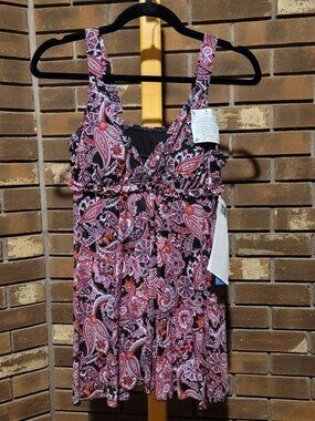 A Shore Fit Paisley Floral Tankini Top - Pink & Black Swimwear - Size 6